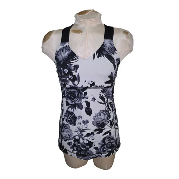 LULULEMON Womens Push Ur Limits Brisk Bloom Black‎ White Tank Top 8 - Picture 1 of 4